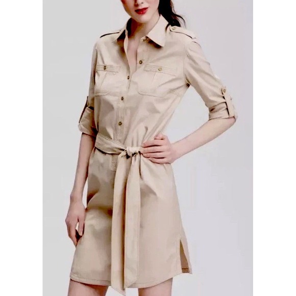 Tory Burch Shirt Dress Size 10 Tory Logo‎ Buttons Button Down Khaki - Picture 1 of 9
